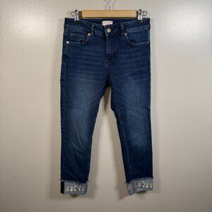 Ted Baker Pralina Embroidered Jeans Size 26 Floral Cuff Slim Leg Mid Rise Denim